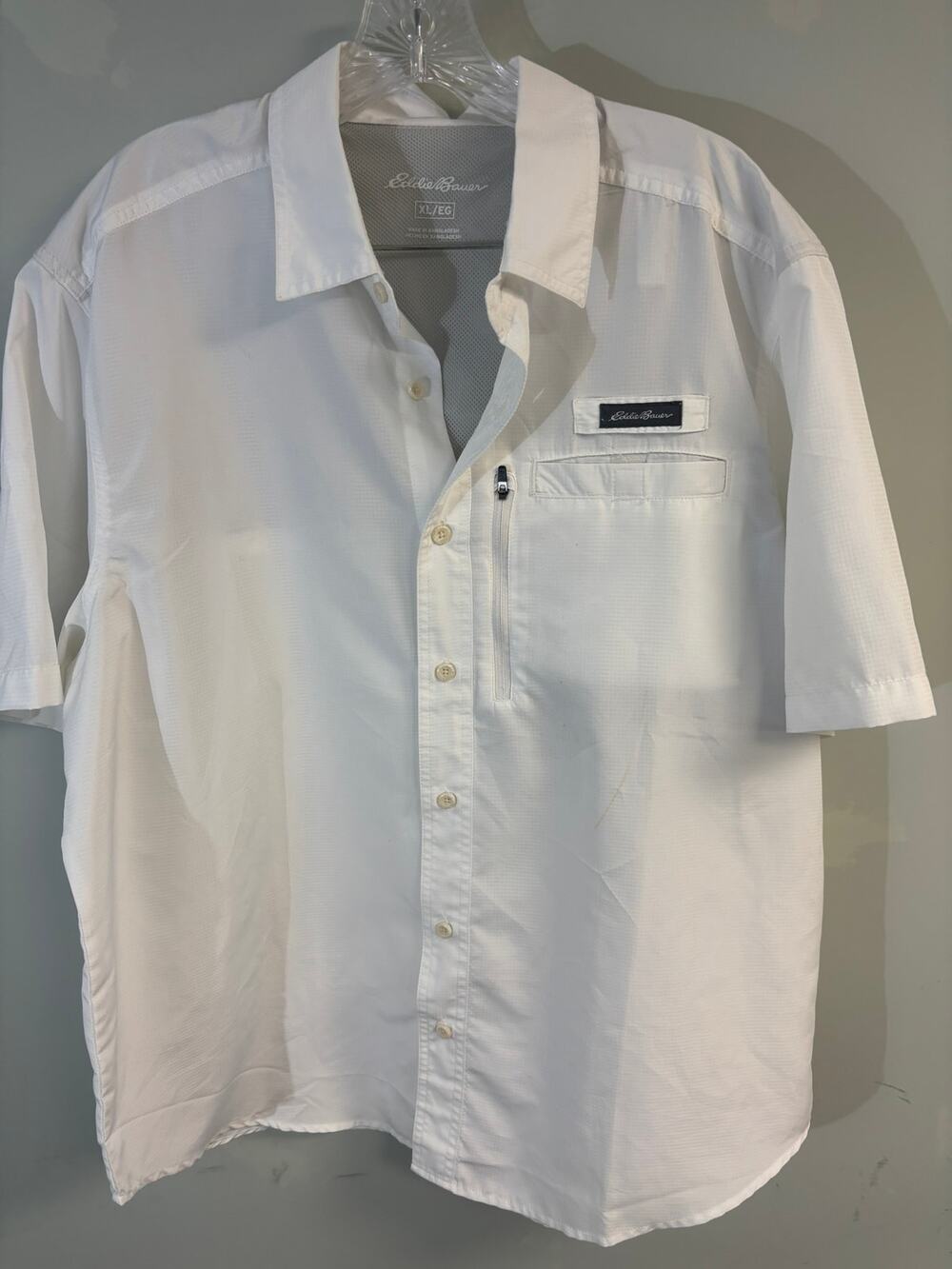 Eddie Bauer Men's XL Short Sleeve Woven Tech Shirt White Vented Fishing Golf